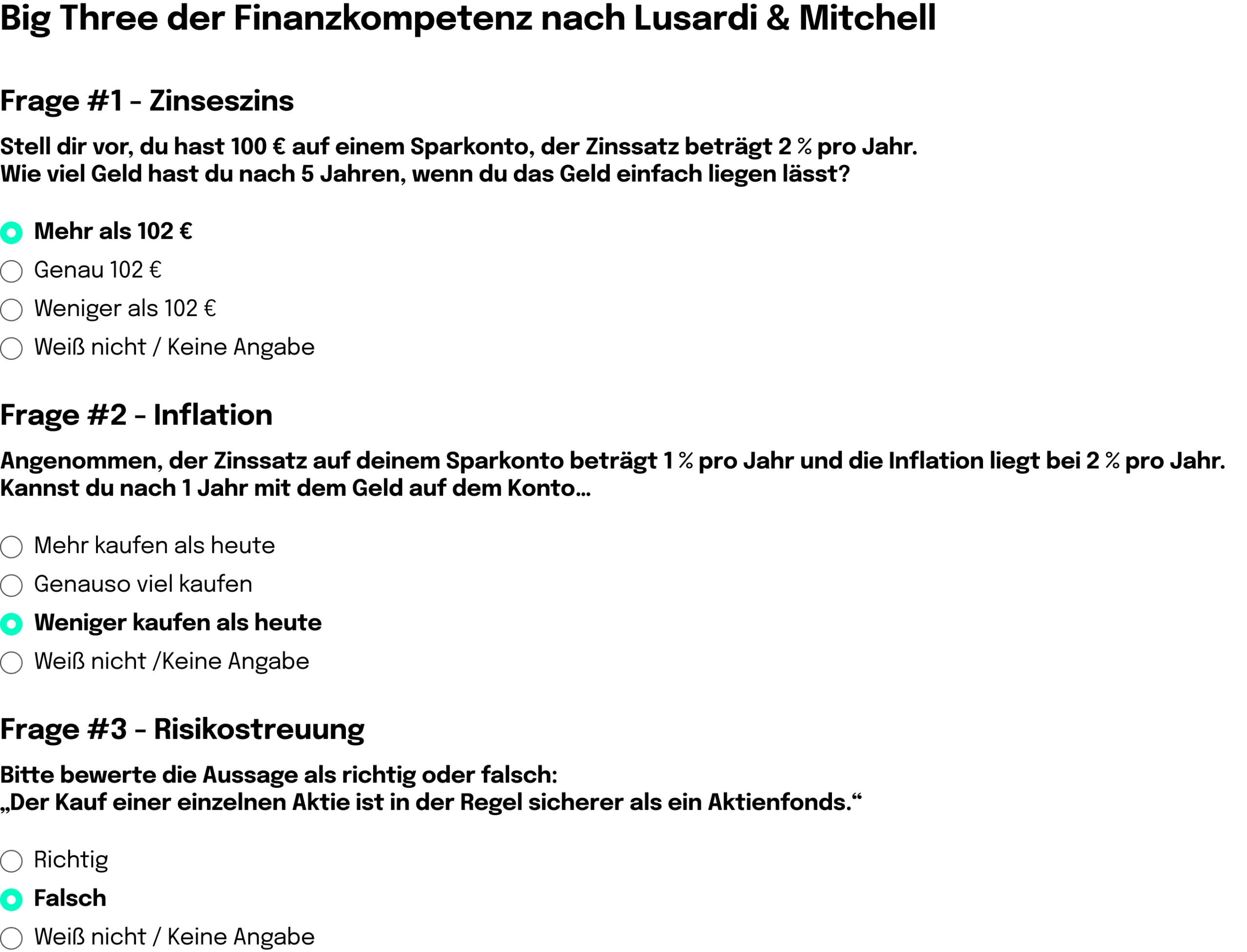Big Three der Finanzkompetenz nach Lusardi & Mitchell