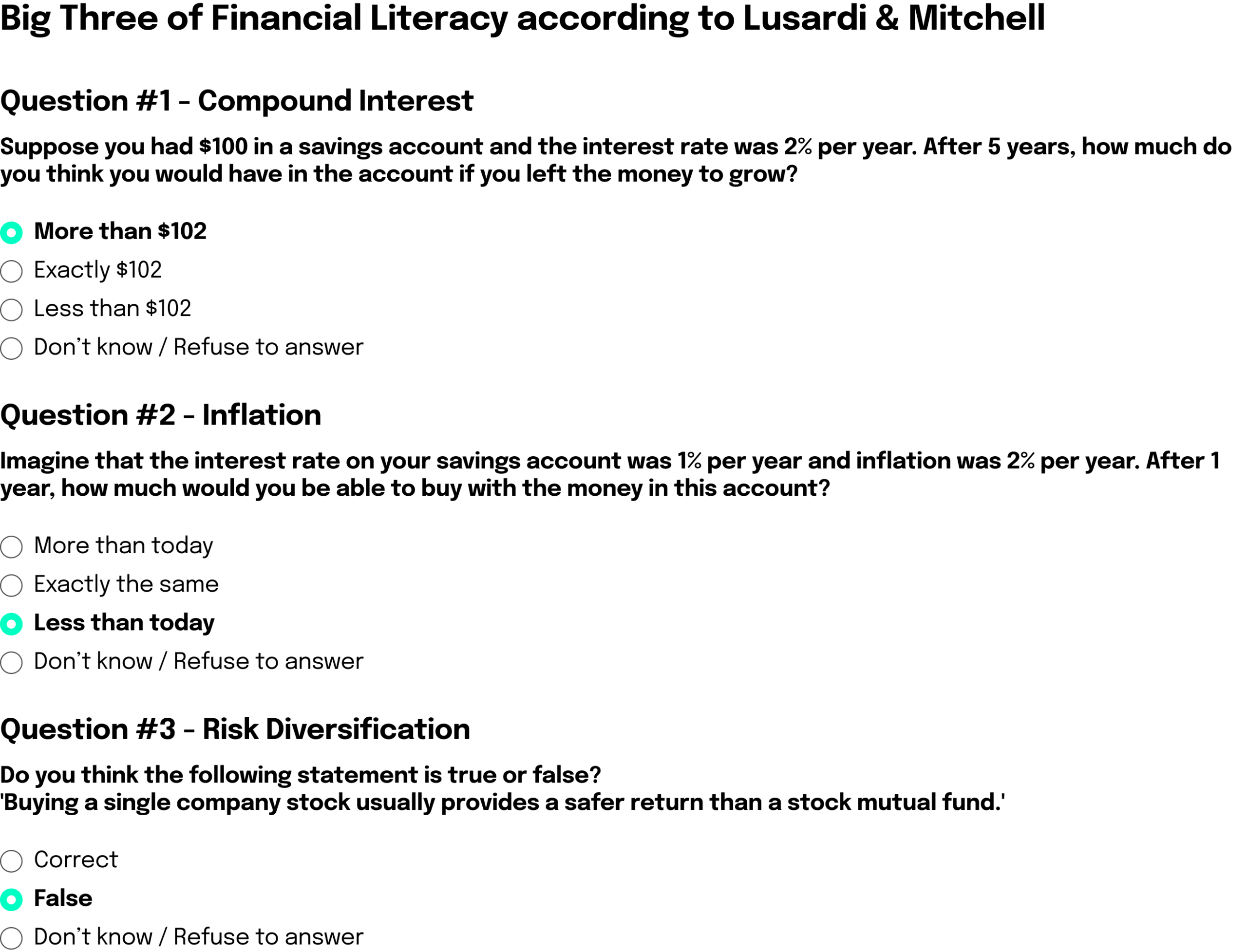 Infographic with the title "The Big Three Questions". It shows three questions, each with four possible answers. For the question "What's in for me?", the answer "Time" is selected. For the question "What can I contribute?", the answer "Know-how" is selected. And for the question "What are the rules?", the answer "Transparent" is selected.