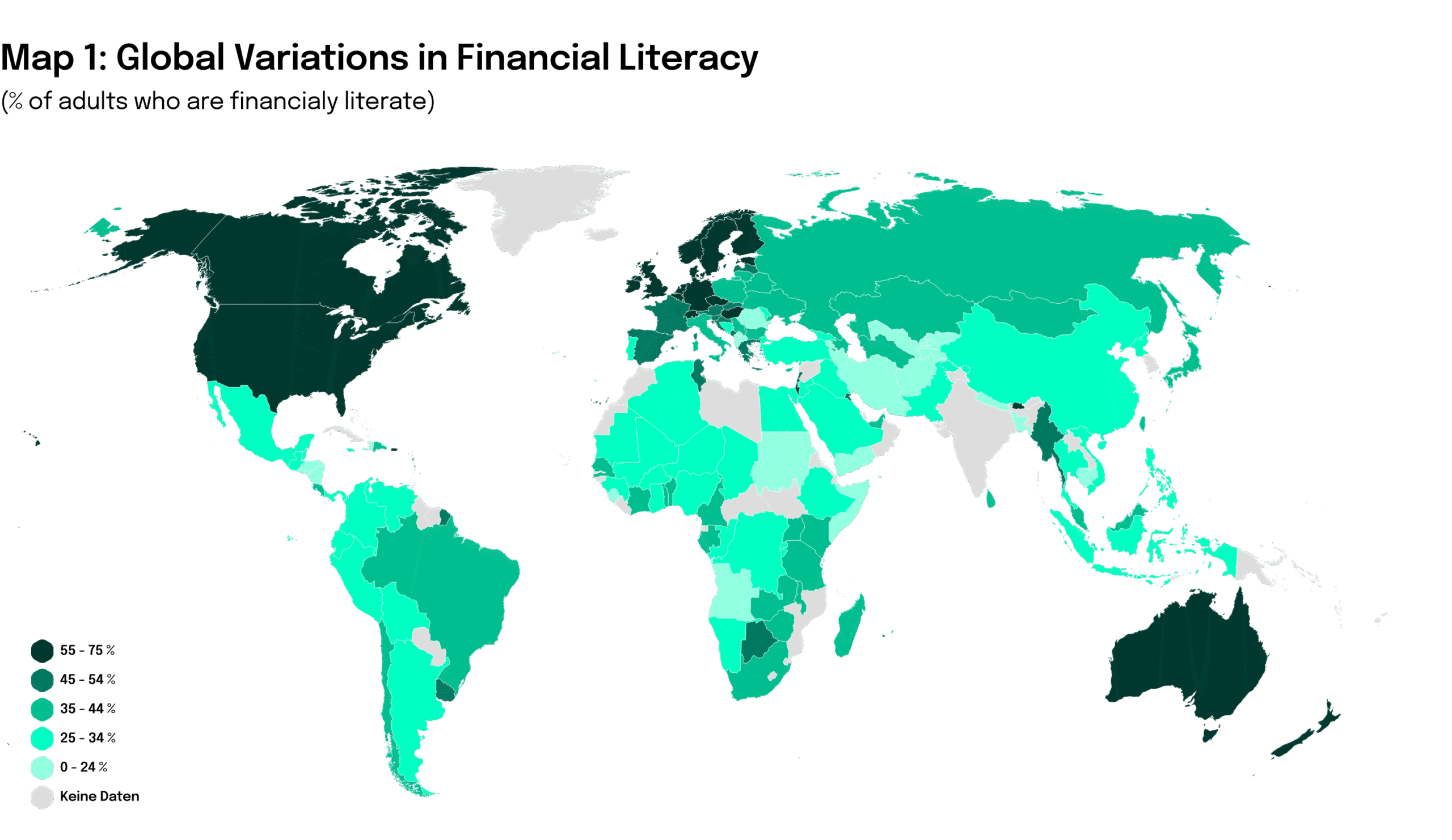 World map illustrating financial literacy rates across the globe. Countries are color-coded in shades of green, with dark green representing high financial literacy and light green representing low financial literacy. Grey areas indicate that no data is available.